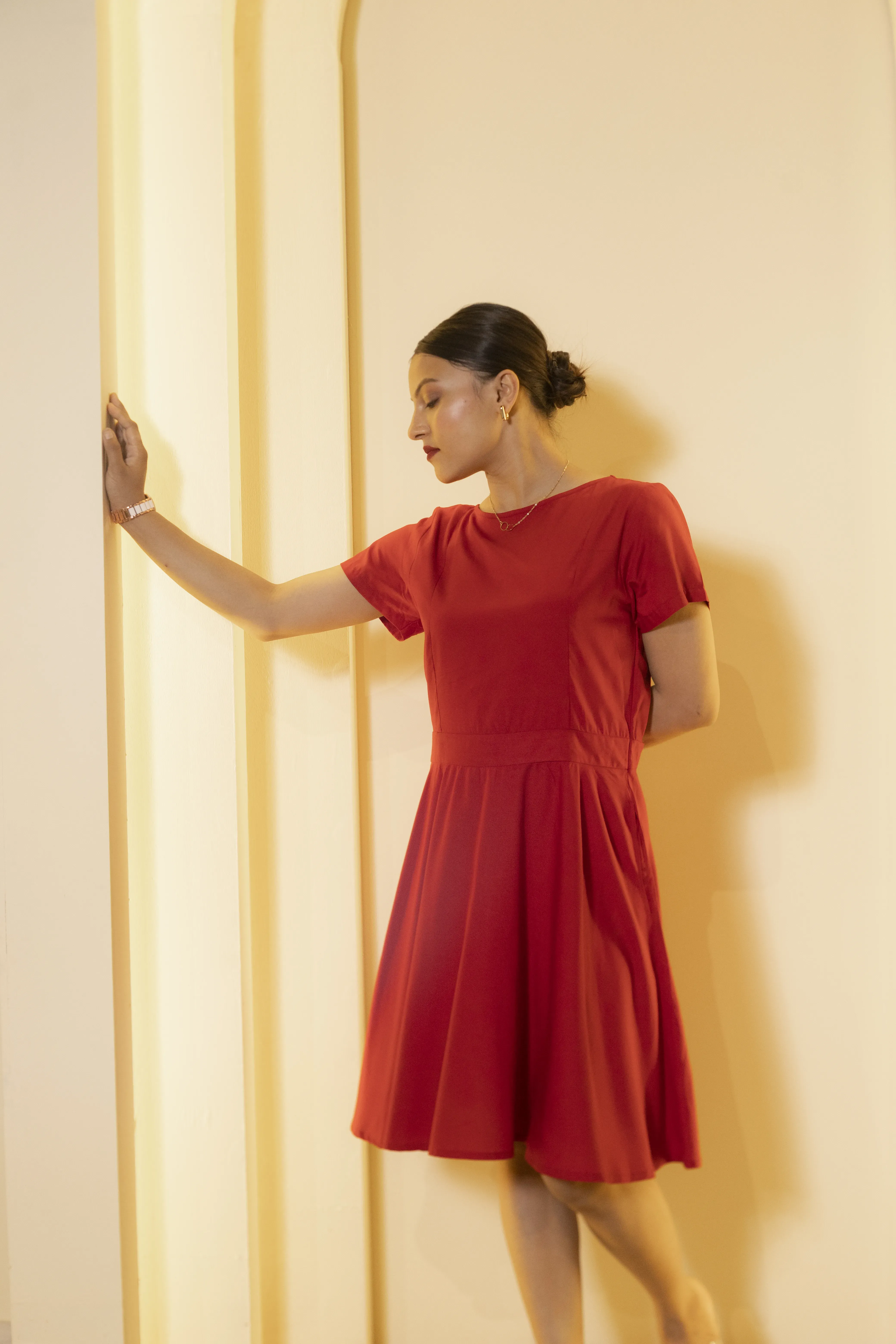 Rayon Flared Dress- Red