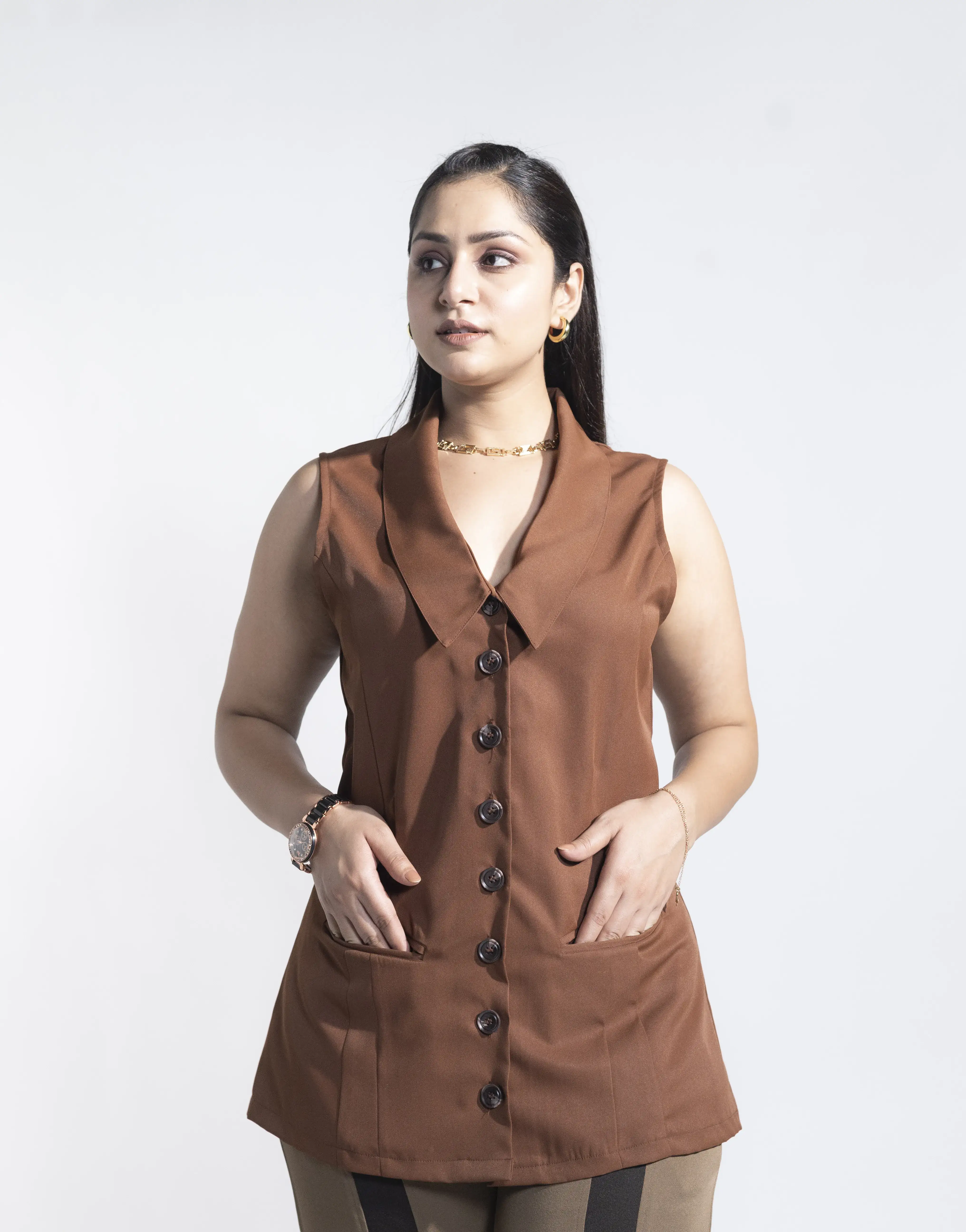 Sleeveless Shawl Collar Blazer- Brown
